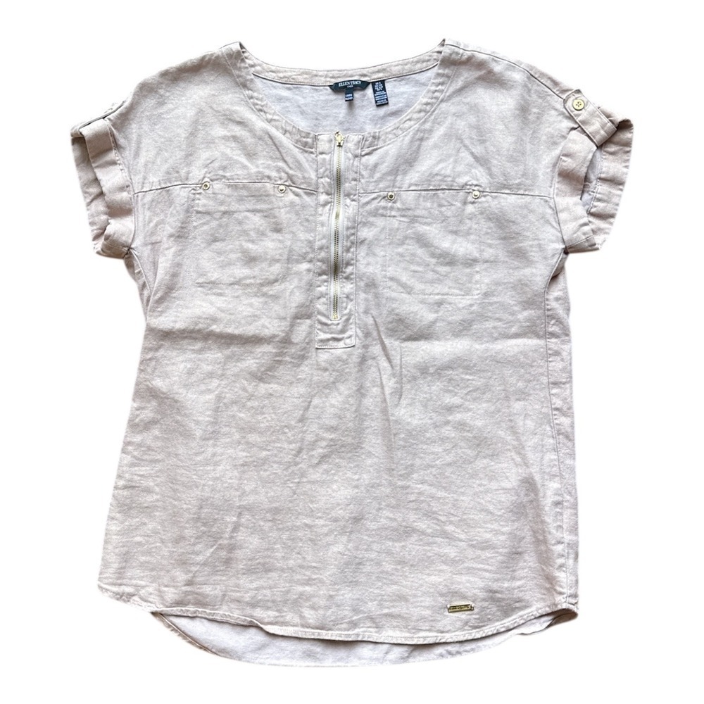 Ellen Tracy Linen Blend Short Sleeve Zip Front Shirt Top Women Small Beige